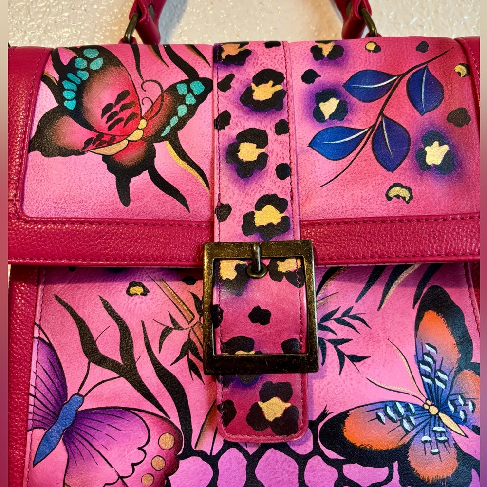Anna by Anuschka Leather Pink Leopard and Butterfly Crossbody Handbag